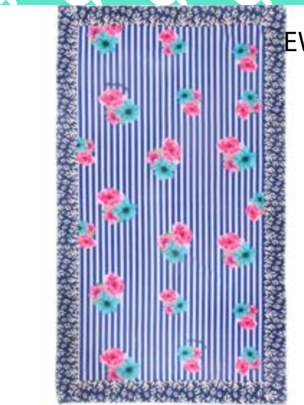 Antica Sartoria Blue & White Roses Striped Floral Beach Towel NWT